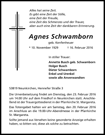 Anzeige von Agnes Schwamborn von Kölner Stadt-Anzeiger / Kölnische Rundschau / Express