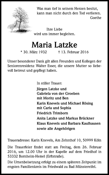 Anzeige von Maria Latzke von Kölner Stadt-Anzeiger / Kölnische Rundschau / Express