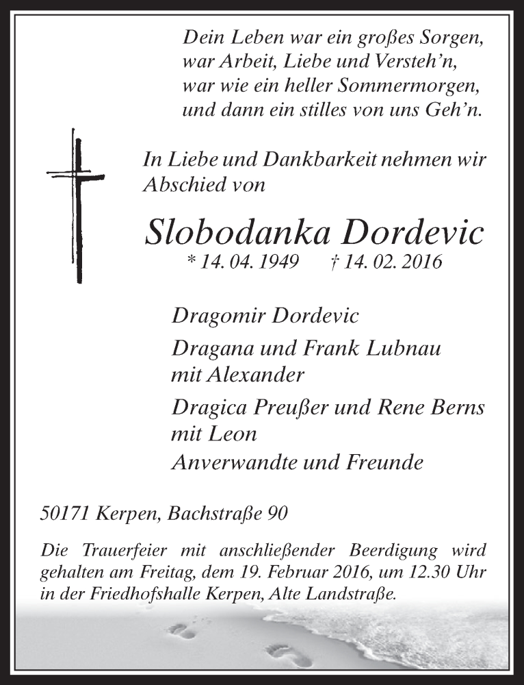  Traueranzeige für Slobodanka Dordevic vom 17.02.2016 aus  Werbepost 