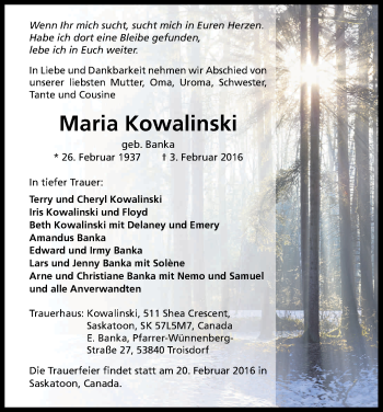 Anzeige von Maria Kowalinski von Kölner Stadt-Anzeiger / Kölnische Rundschau / Express
