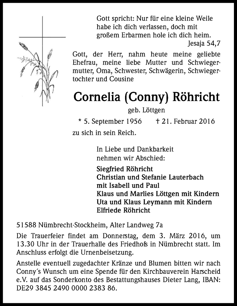  Traueranzeige für Cornelia Röhricht vom 27.02.2016 aus Kölner Stadt-Anzeiger / Kölnische Rundschau / Express