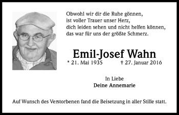 Anzeige von Emil-Josef Wahn von Kölner Stadt-Anzeiger / Kölnische Rundschau / Express