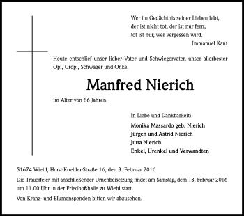 Anzeige von Manfred Nierich von Kölner Stadt-Anzeiger / Kölnische Rundschau / Express