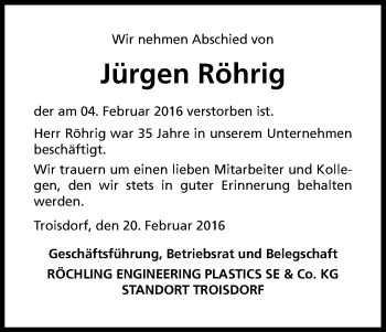 Anzeige von Jürgen Röhrig von Kölner Stadt-Anzeiger / Kölnische Rundschau / Express