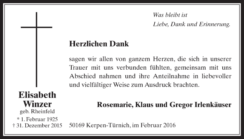  Traueranzeige für Elisabeth Winzer vom 17.02.2016 aus  Werbepost 