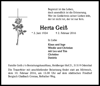 Anzeige von Herta Geiß von Kölner Stadt-Anzeiger / Kölnische Rundschau / Express