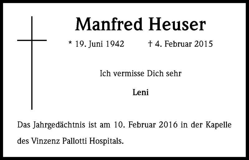  Traueranzeige für Manfred Heuser vom 06.02.2016 aus Kölner Stadt-Anzeiger / Kölnische Rundschau / Express