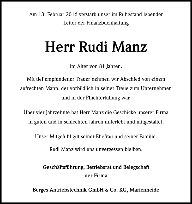  Traueranzeige für Rudi Manz vom 25.02.2016 aus Kölner Stadt-Anzeiger / Kölnische Rundschau / Express