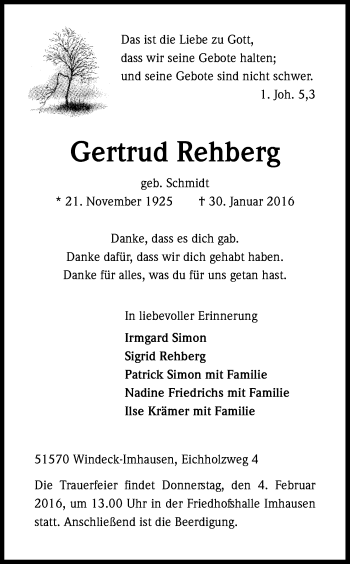 Anzeige von Gertrud Rehberg von Kölner Stadt-Anzeiger / Kölnische Rundschau / Express