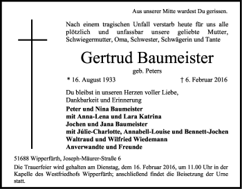 Anzeige von Gertrud Baumeister von Kölner Stadt-Anzeiger / Kölnische Rundschau / Express