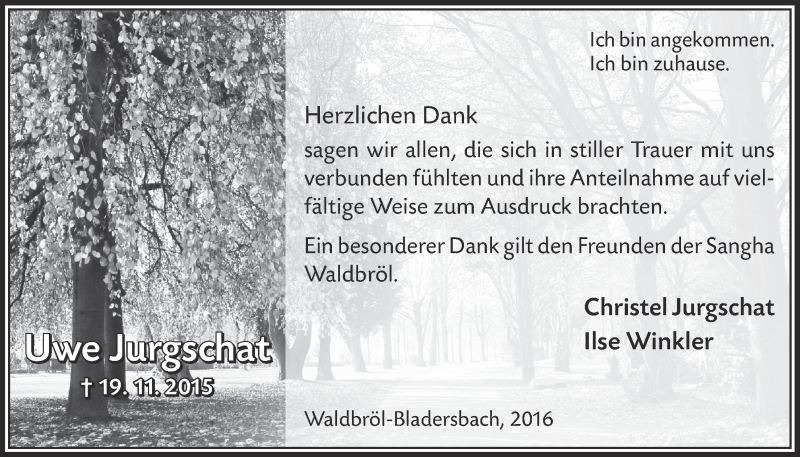 Traueranzeige für Uwe Jurgschat vom 10.02.2016 aus  Lokalanzeiger 