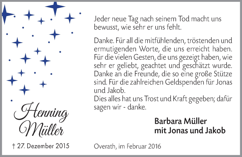  Traueranzeige für Henning Müller vom 10.02.2016 aus  Bergisches Handelsblatt 