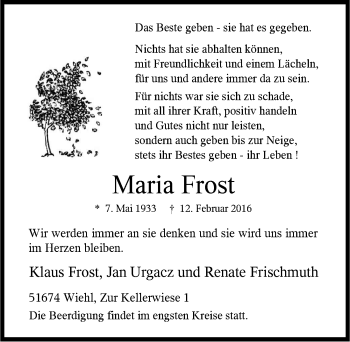 Anzeige von Maria Frost von  Anzeigen Echo 