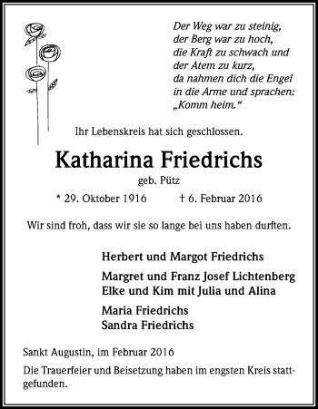 Anzeige von Katharina Friedrichs von Kölner Stadt-Anzeiger / Kölnische Rundschau / Express