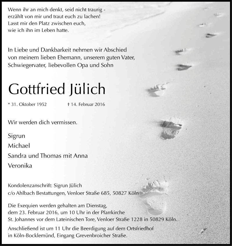  Traueranzeige für Gottfried Jülich vom 17.02.2016 aus Kölner Stadt-Anzeiger / Kölnische Rundschau / Express