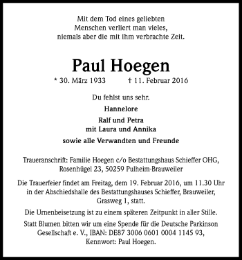 Anzeige von Paul Hoegen von Kölner Stadt-Anzeiger / Kölnische Rundschau / Express