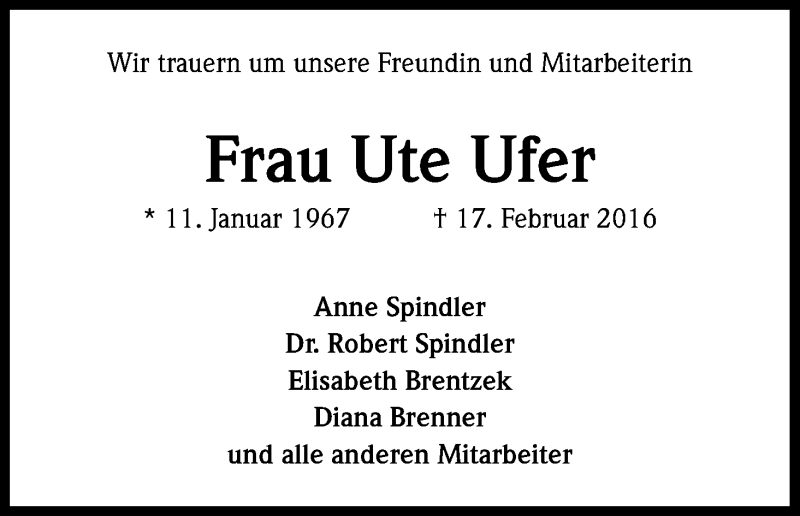  Traueranzeige für Ute Ufer vom 24.02.2016 aus Kölner Stadt-Anzeiger / Kölnische Rundschau / Express