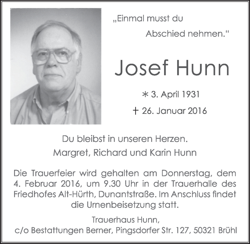  Traueranzeige für Josef Hunn vom 03.02.2016 aus  Schlossbote/Werbekurier 