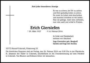 Anzeige von Erich Giersiefen von Kölner Stadt-Anzeiger / Kölnische Rundschau / Express