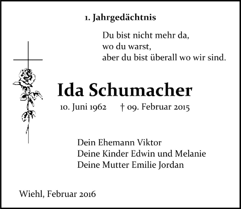  Traueranzeige für Ida Schumacher vom 10.02.2016 aus  Anzeigen Echo 