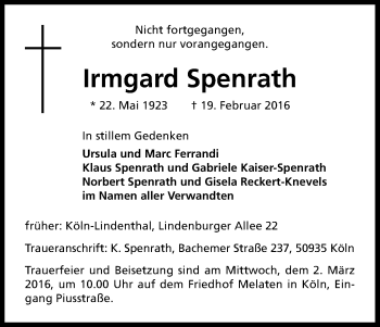 Anzeige von Irmgard Spenrath von Kölner Stadt-Anzeiger / Kölnische Rundschau / Express