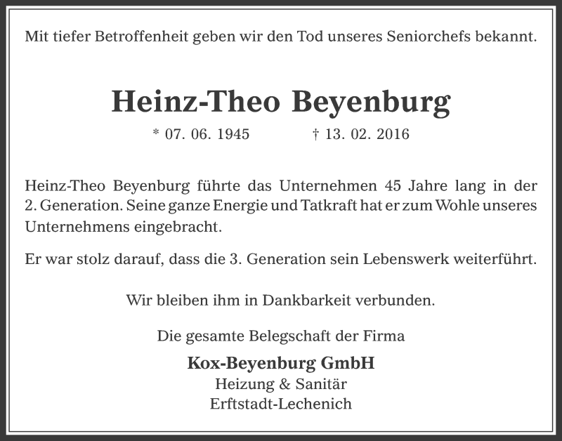  Traueranzeige für Heinz-Theo Beyenburg vom 17.02.2016 aus  Werbepost 