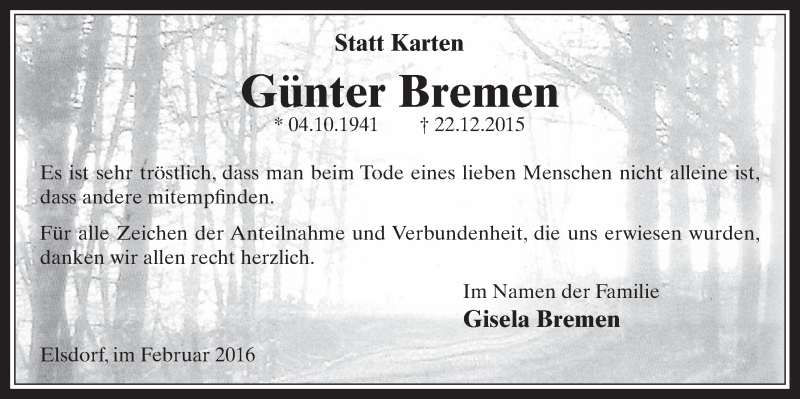  Traueranzeige für Günter Bremen vom 17.02.2016 aus  Werbepost 