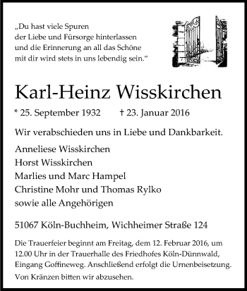 Anzeige von Karl-Heinz Wisskirchen von Kölner Stadt-Anzeiger / Kölnische Rundschau / Express