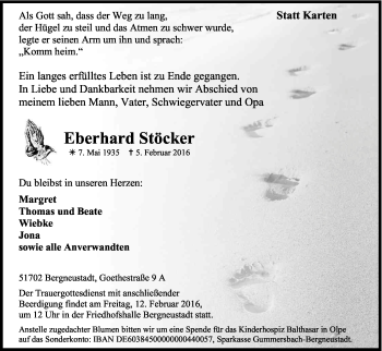 Anzeige von Eberhard Stöcker von Kölner Stadt-Anzeiger / Kölnische Rundschau / Express