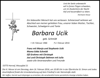 Anzeige von Barbara Ucik von Kölner Stadt-Anzeiger / Kölnische Rundschau / Express