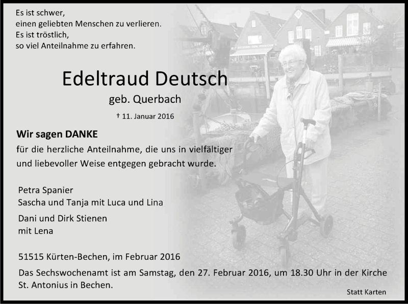  Traueranzeige für Edeltraud Deutsch vom 20.02.2016 aus Kölner Stadt-Anzeiger / Kölnische Rundschau / Express