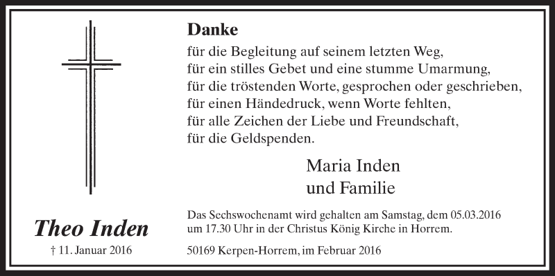  Traueranzeige für Theo Inden vom 27.02.2016 aus  Sonntags-Post 