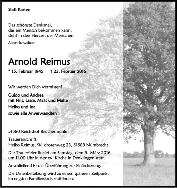 Anzeige von Arnold Reimus von Kölner Stadt-Anzeiger / Kölnische Rundschau / Express