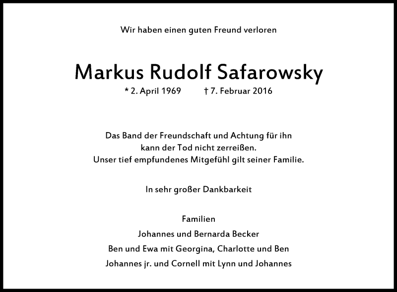  Traueranzeige für Markus Rudolf Safarowsky vom 13.02.2016 aus Kölner Stadt-Anzeiger / Kölnische Rundschau / Express