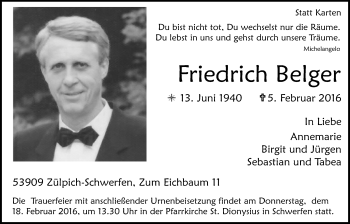 Anzeige von Friedrich Belger von  Blickpunkt Euskirchen 