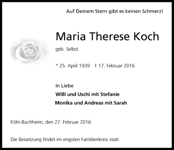 Anzeige von Maria Therese Koch von Kölner Stadt-Anzeiger / Kölnische Rundschau / Express