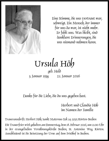 Anzeige von Ursula Höh von Kölner Stadt-Anzeiger / Kölnische Rundschau / Express