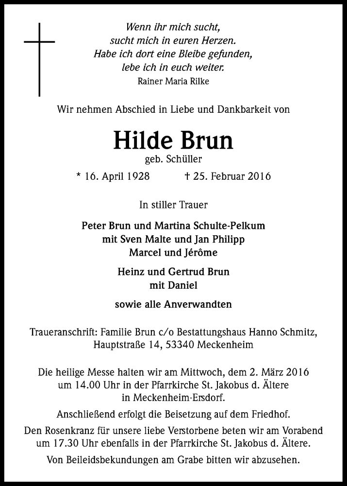 Traueranzeige für Hilde Brun vom 27.02.2016 aus Kölner Stadt-Anzeiger / Kölnische Rundschau / Express