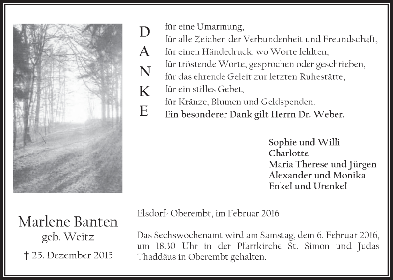  Traueranzeige für Marlene Banten vom 03.02.2016 aus  Werbepost 