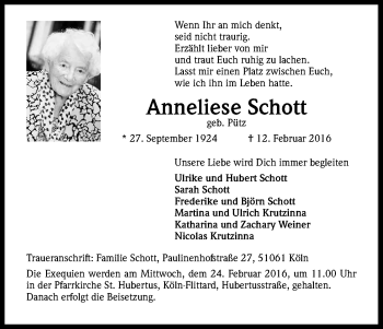 Anzeige von Anneliese Schott von Kölner Stadt-Anzeiger / Kölnische Rundschau / Express