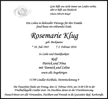 Anzeige von Rosemarie Klug von Kölner Stadt-Anzeiger / Kölnische Rundschau / Express