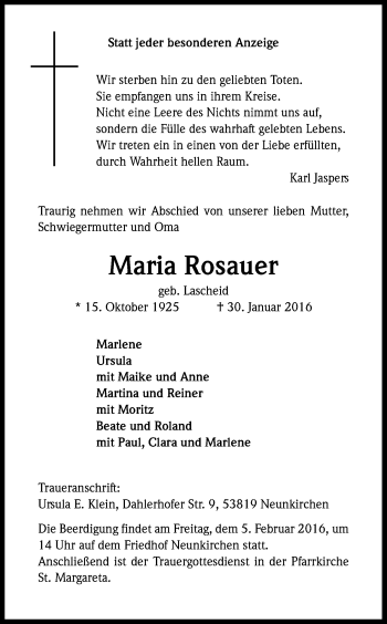Anzeige von Maria Rosauer von Kölner Stadt-Anzeiger / Kölnische Rundschau / Express