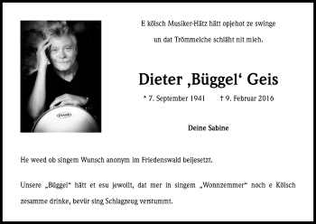 Anzeige von Dieter Geis von Kölner Stadt-Anzeiger / Kölnische Rundschau / Express