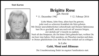 Anzeige von Brigitte Rose von Kölner Stadt-Anzeiger / Kölnische Rundschau / Express