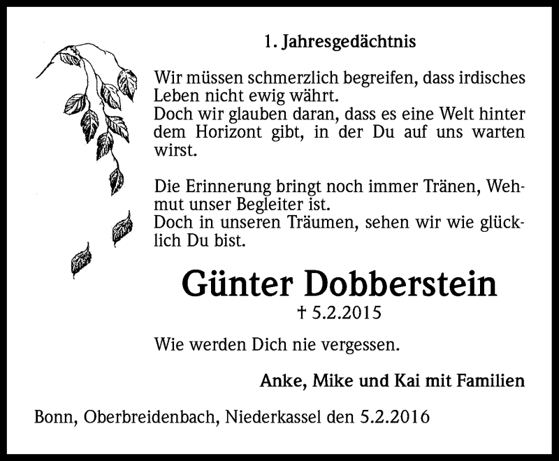  Traueranzeige für Günter Dobberstein vom 06.02.2016 aus Kölner Stadt-Anzeiger / Kölnische Rundschau / Express