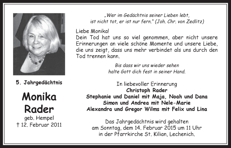  Traueranzeige für Monika Rader vom 10.02.2016 aus  Werbepost 