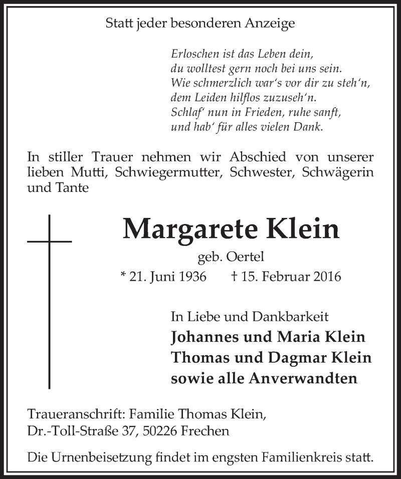  Traueranzeige für Margarete Klein vom 20.02.2016 aus  Sonntags-Post 