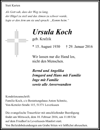 Anzeige von Ursula Koch von Kölner Stadt-Anzeiger / Kölnische Rundschau / Express