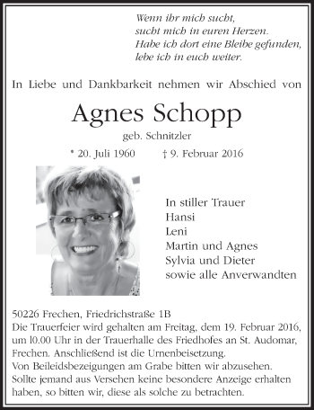 Anzeige von Agnes Schopp von  Sonntags-Post 