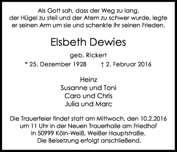 Anzeige von Elsbeth Dewies von Kölner Stadt-Anzeiger / Kölnische Rundschau / Express